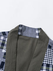 製品画像: リバーシブル チェック柄 はんてん。クラシックなチェック柄と無地デザインを組み合わせた、多用途で実用的なはんてんの全体展示図。
詳細画像: ヴィンテージ感あふれるチェック柄のディテールと、実用性を高めるウエストのドローコードデザインのクローズアップ。