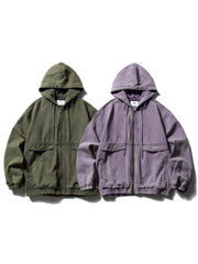 製品画像
「ウォッシュ加工によるヴィンテージ感漂うフード付きワークジャケット正面展示図。レトロな風合いと実用性が融合し、ダブルポケットとフードデザインが特徴的な一着。」
詳細画像
「ゴム仕様の袖口ディテールとウォッシュ加工による質感の特写。袖口のゴムが防風性と保温性を向上させ、ヴィンテージ風の仕上がりが際立つ。」