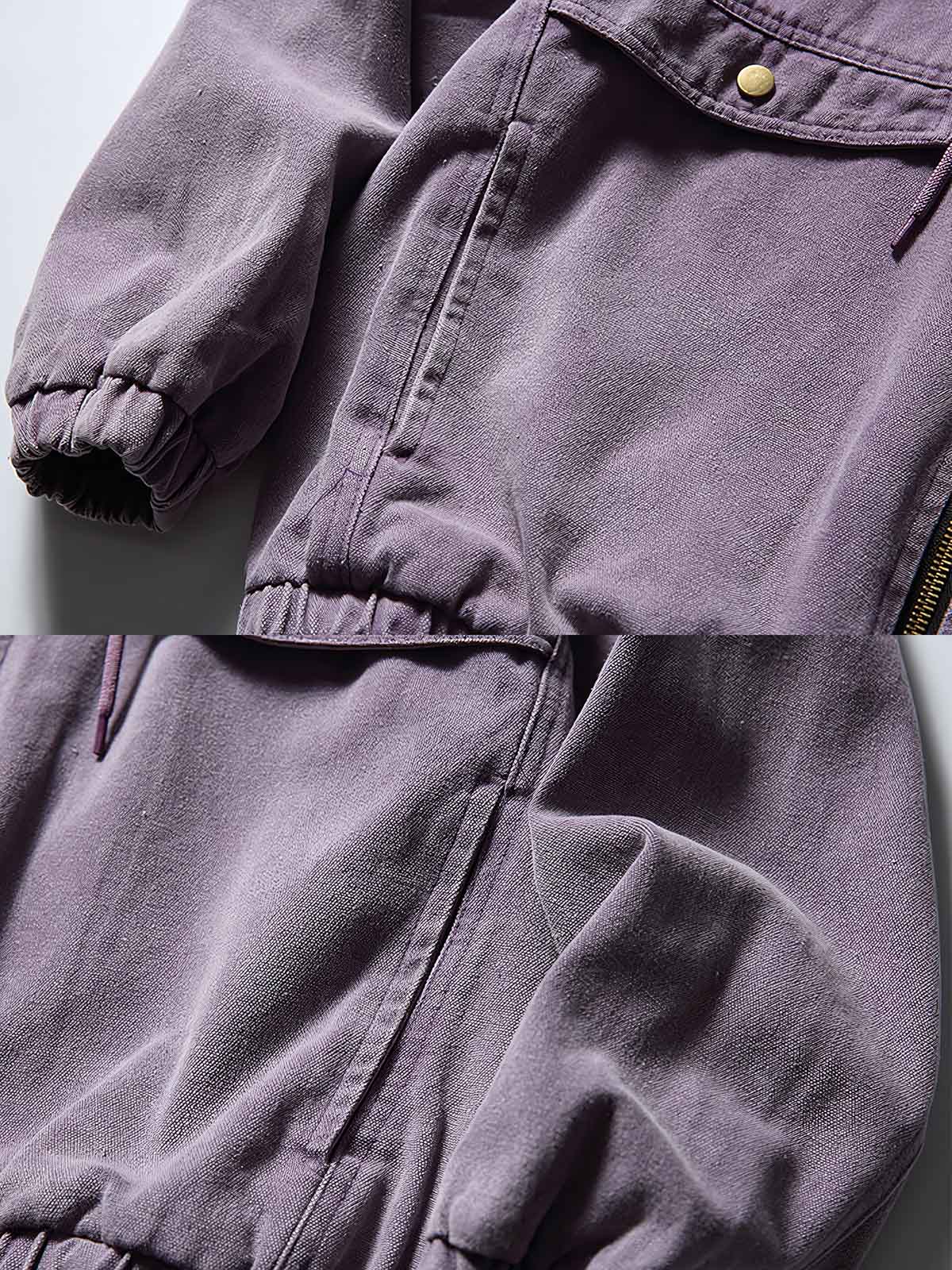 製品画像
「ウォッシュ加工によるヴィンテージ感漂うフード付きワークジャケット正面展示図。レトロな風合いと実用性が融合し、ダブルポケットとフードデザインが特徴的な一着。」
詳細画像
「ゴム仕様の袖口ディテールとウォッシュ加工による質感の特写。袖口のゴムが防風性と保温性を向上させ、ヴィンテージ風の仕上がりが際立つ。」