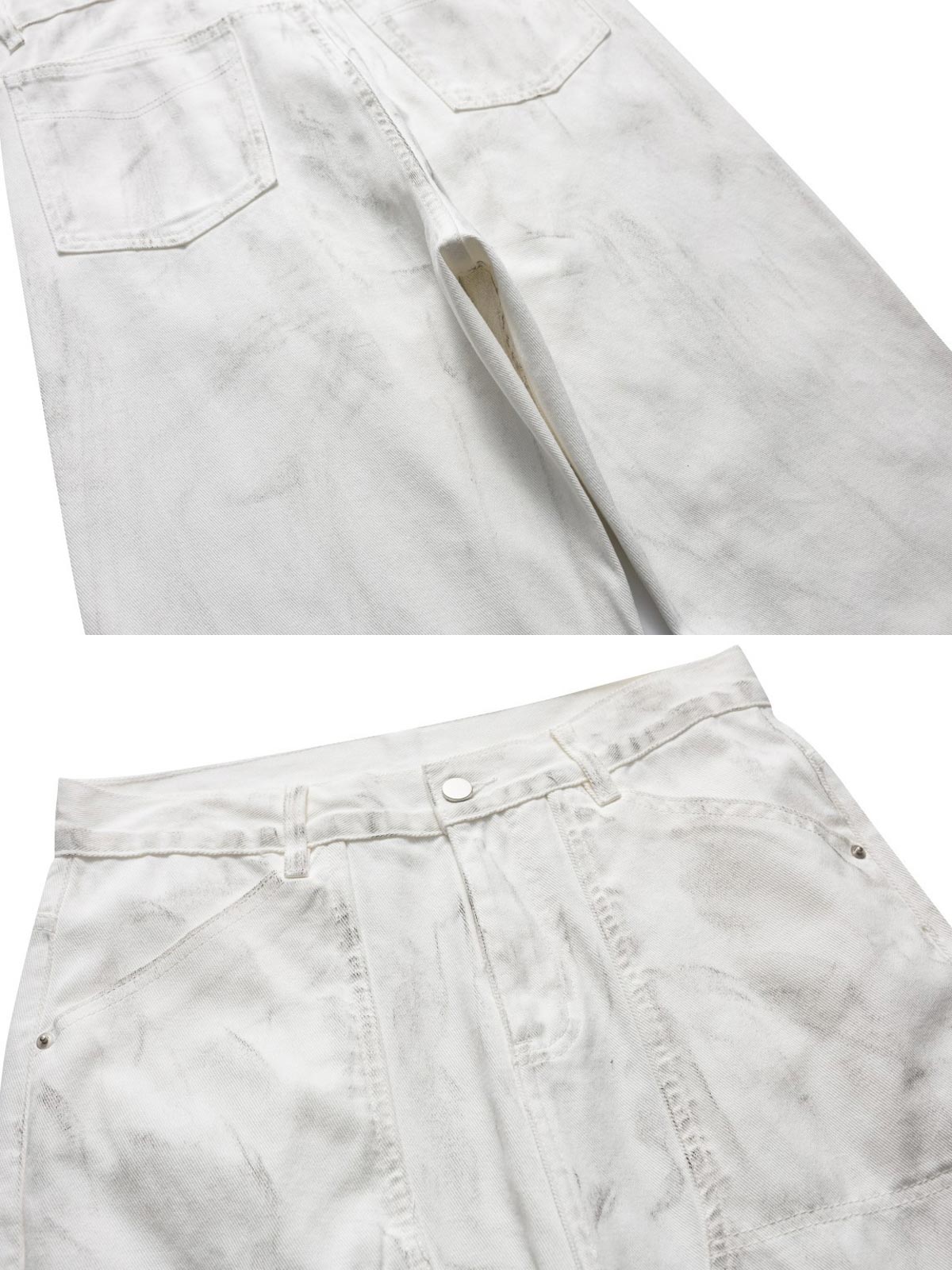 製品画像
「ワークテイスト デニムパンツの正面全体図。20世紀中頃のクラシックなワークウェアスタイルにインスパイアされたデザインで、高品質10ozデニム素材を使用。水洗加工とヴィンテージ風の色落ち加工が特徴で、ワイドなストレートシルエットが快適な履き心地とヴィンテージ感を提供。」
詳細画像
「ワークテイスト デニムパンツのディテール特写。膝部分には強化ステッチが施されたパッチデザインを採用し、耐久性を向上させつつ立体感のあるビジュアルを演出。左右対称の大きなユーティリティポケットが収納性を高め、デザインアクセントとしても機能。ウエストの調節可能なドローコードが快適なフィット感を提供。」