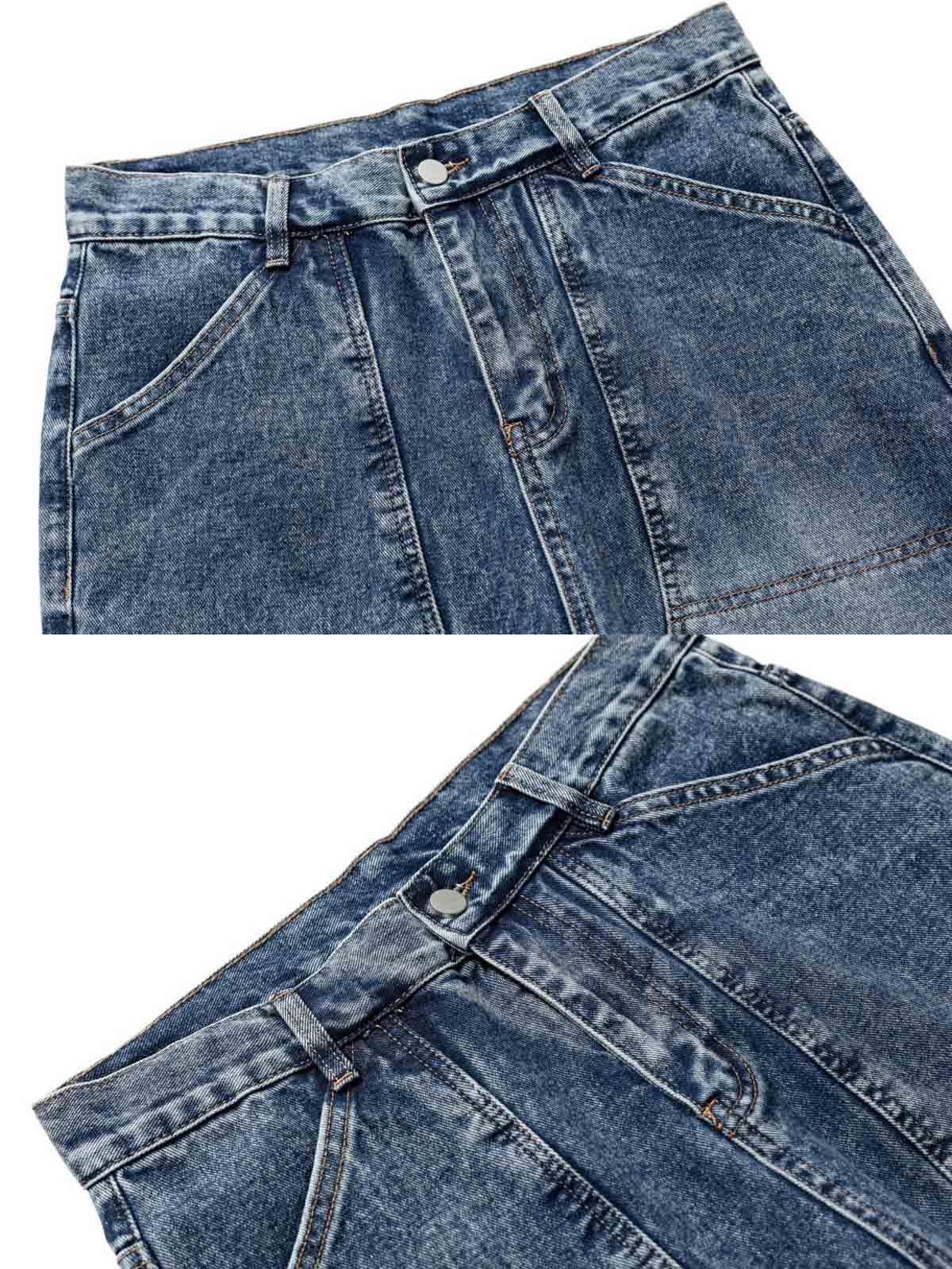 製品画像
「ワークテイスト デニムパンツの正面全体図。20世紀中頃のクラシックなワークウェアスタイルにインスパイアされたデザインで、高品質10ozデニム素材を使用。水洗加工とヴィンテージ風の色落ち加工が特徴で、ワイドなストレートシルエットが快適な履き心地とヴィンテージ感を提供。」
詳細画像
「ワークテイスト デニムパンツのディテール特写。膝部分には強化ステッチが施されたパッチデザインを採用し、耐久性を向上させつつ立体感のあるビジュアルを演出。左右対称の大きなユーティリティポケットが収納性を高め、デザインアクセントとしても機能。ウエストの調節可能なドローコードが快適なフィット感を提供。」