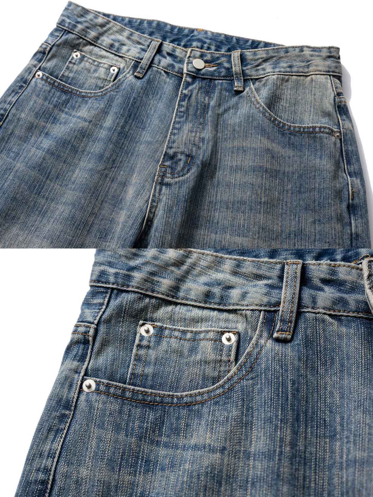 製品画像
「ヒゲ加工 ウォッシュ バンブーデニムパンツの正面全体図。クラシックなヒゲ加工と竹節模様を特徴としたバンブーデニム素材を使用し、自然な色落ちと立体感を演出。ヴィンテージ感とモダンな直筒シルエットが融合した万能なデザイン。」
詳細画像
「ヒゲ加工 ウォッシュ バンブーデニムパンツのディテール特写。竹節模様が立体的な風合いを生み出し、ウエストやポケットの縁には丁寧なステッチが施され、デザイン性と耐久性を向上。自然な色落ち加工がヴィンテージ感を引き立てる。」