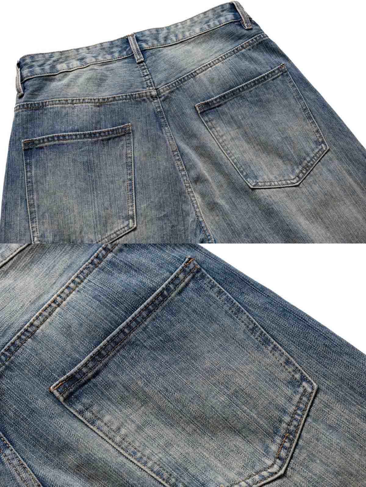 製品画像
「ヒゲ加工 ウォッシュ バンブーデニムパンツの正面全体図。クラシックなヒゲ加工と竹節模様を特徴としたバンブーデニム素材を使用し、自然な色落ちと立体感を演出。ヴィンテージ感とモダンな直筒シルエットが融合した万能なデザイン。」
詳細画像
「ヒゲ加工 ウォッシュ バンブーデニムパンツのディテール特写。竹節模様が立体的な風合いを生み出し、ウエストやポケットの縁には丁寧なステッチが施され、デザイン性と耐久性を向上。自然な色落ち加工がヴィンテージ感を引き立てる。」