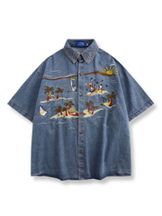 刺繍 海景デザイン デニム半袖シャツ