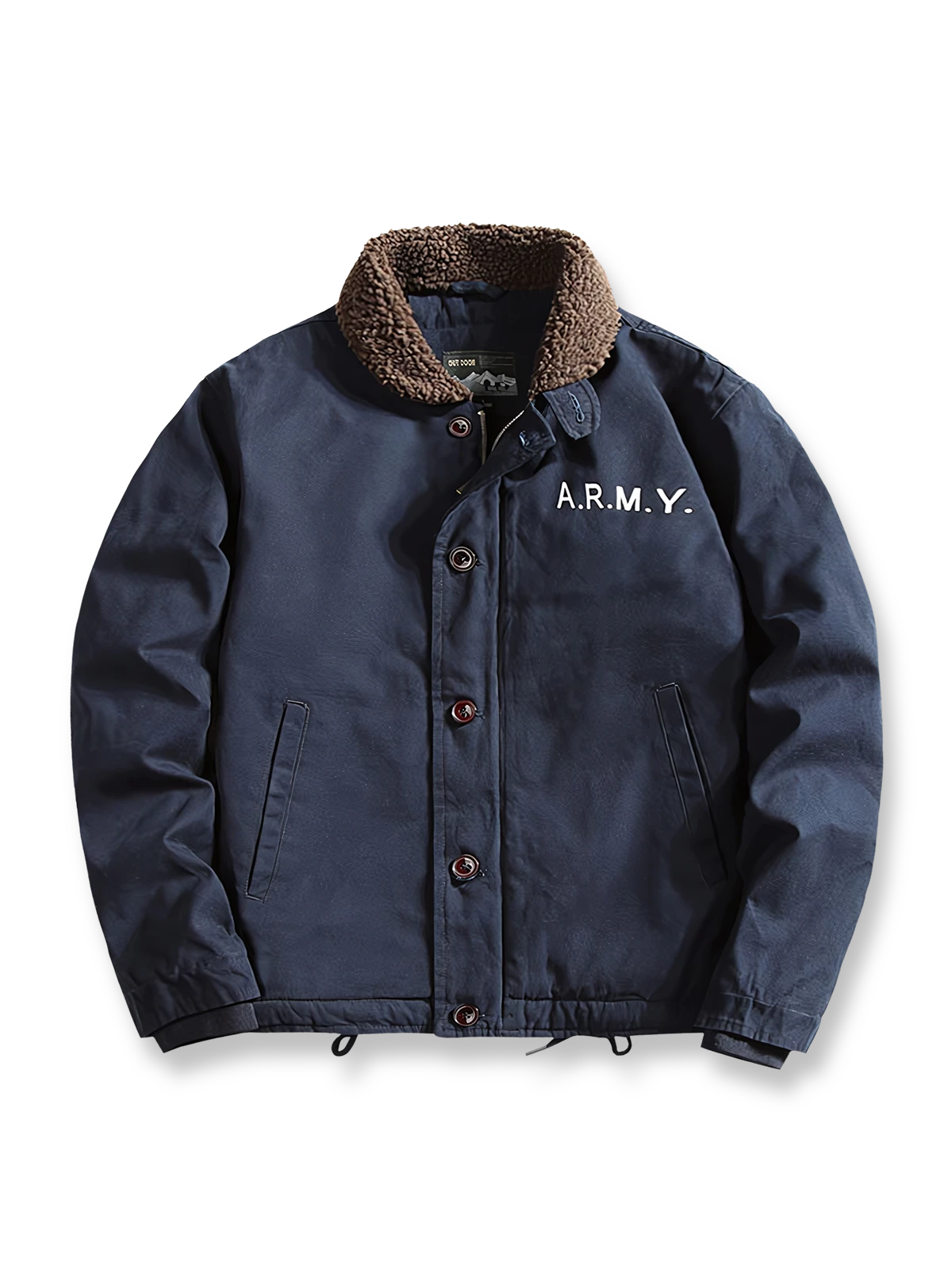 製品画像
「WWII時代のクラシックN-1デッキジャケットを再現した全体画像。中綿と防風キャンバス生地で、保温性と耐久性を兼ね備えた冬用アウター。」
詳細画像
「厚手の中綿襟部分とARMY刺繍、ヴィンテージ感のあるボタンとジッパーの二重構造のディテール画像。」