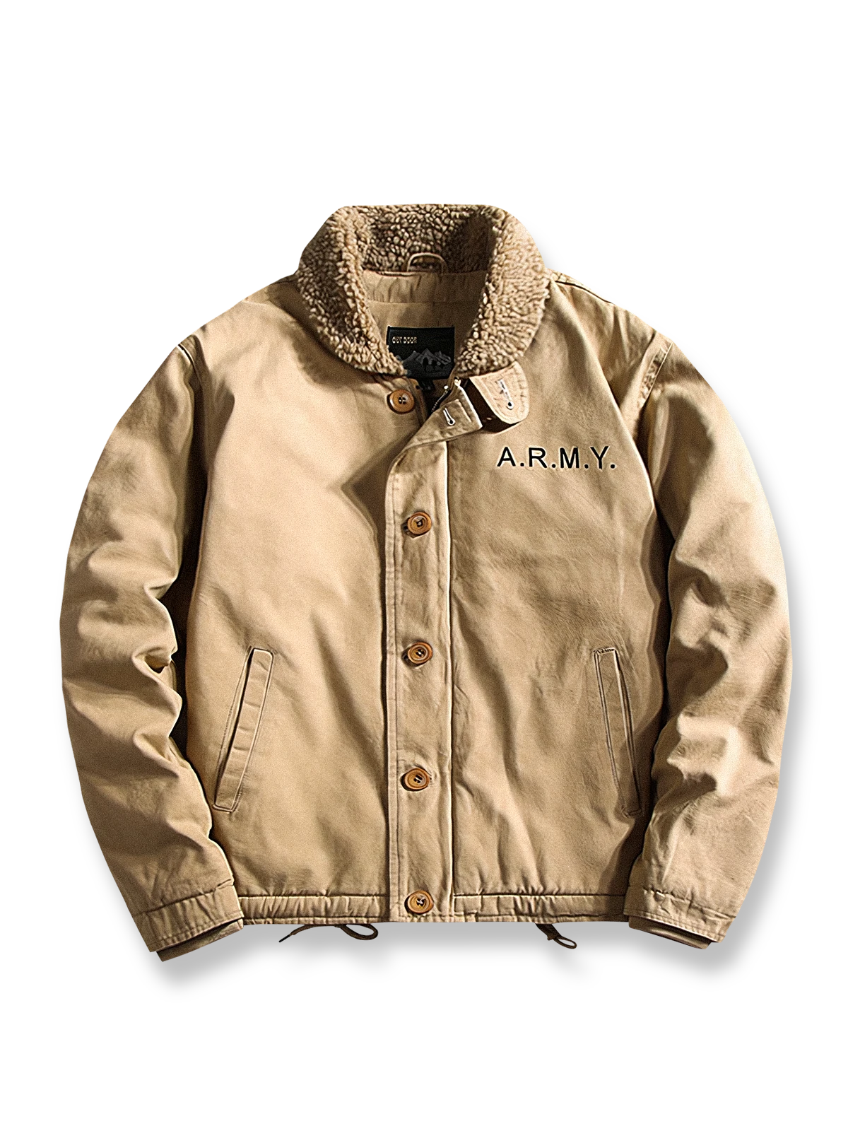 製品画像
「WWII時代のクラシックN-1デッキジャケットを再現した全体画像。中綿と防風キャンバス生地で、保温性と耐久性を兼ね備えた冬用アウター。」
詳細画像
「厚手の中綿襟部分とARMY刺繍、ヴィンテージ感のあるボタンとジッパーの二重構造のディテール画像。」