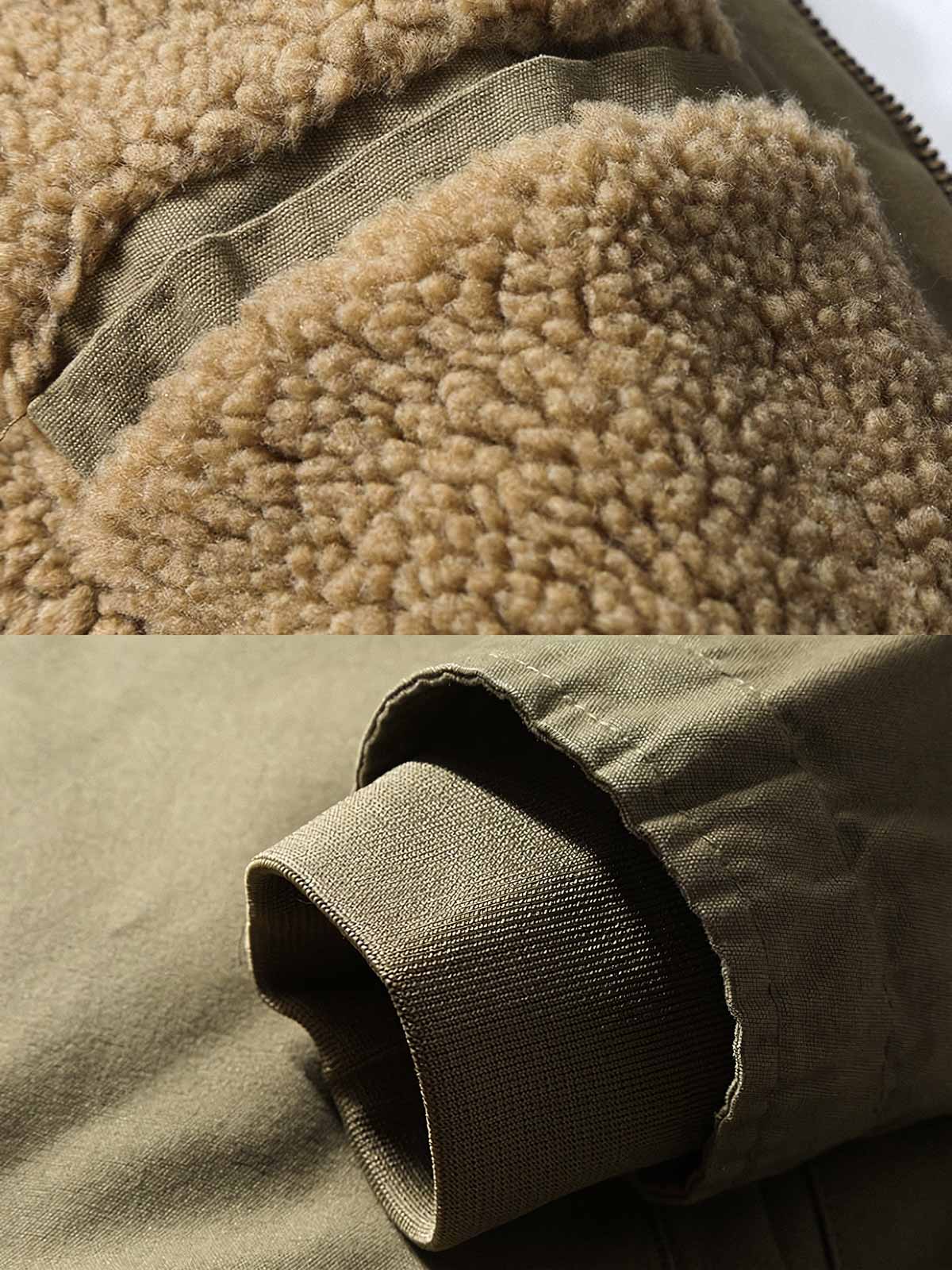 製品画像
「WWII時代のクラシックN-1デッキジャケットを再現した全体画像。中綿と防風キャンバス生地で、保温性と耐久性を兼ね備えた冬用アウター。」
詳細画像
「厚手の中綿襟部分とARMY刺繍、ヴィンテージ感のあるボタンとジッパーの二重構造のディテール画像。」