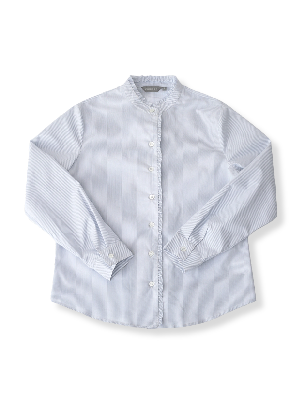 フレンチレトロな文芸タイプ女子向けシンプルな蓝白ストライプスタンドカラーシャツ全体像