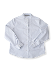 フレンチレトロな文芸タイプ女子向けシンプルな蓝白ストライプスタンドカラーシャツ全体像