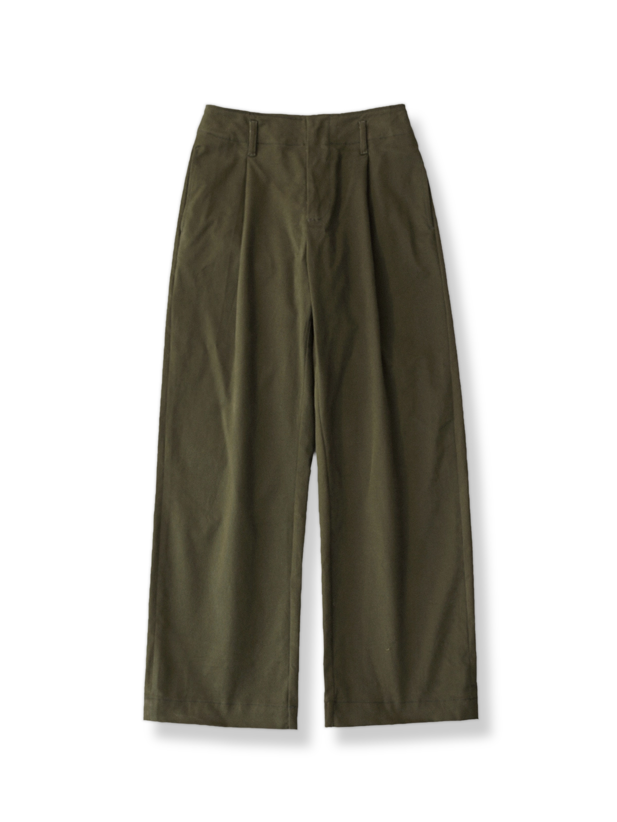 フレンチレトロスタイルのミリタリーグリーンハイウエストストレートパンツ全体像