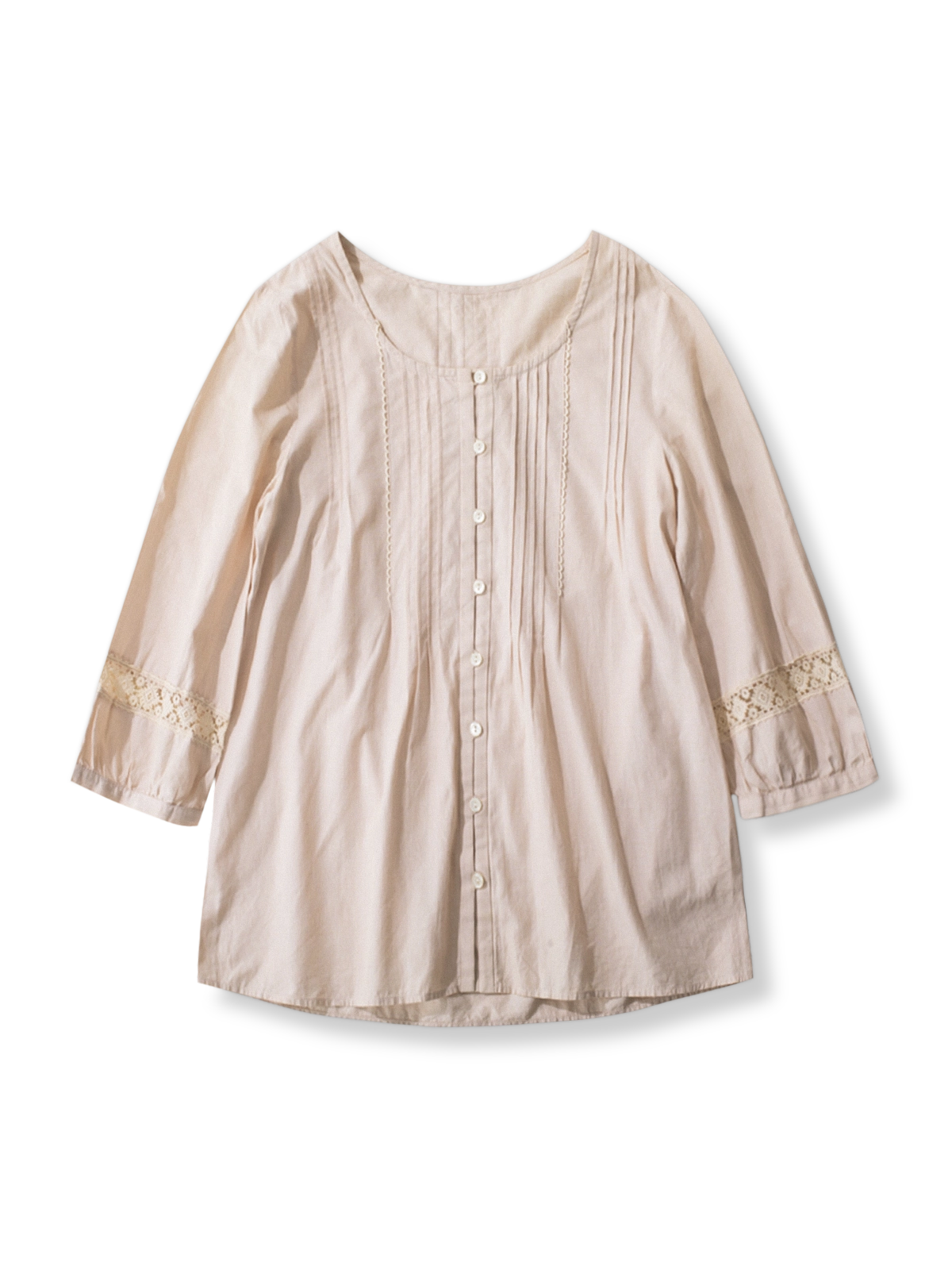 製品画像: フレンチレトロなレース装飾 Uネック 七分袖 ブラウス全体画像