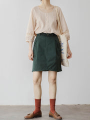 レース装飾 Uネック 七分袖 ブラウス