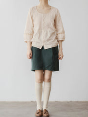 レース装飾 Uネック 七分袖 ブラウス