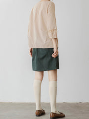 レース装飾 Uネック 七分袖 ブラウス