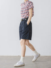 プルシアンブルー ハイウエスト ショートパンツ