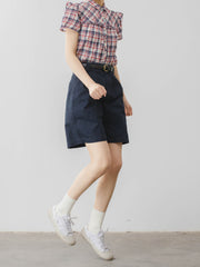 プルシアンブルー ハイウエスト ショートパンツ