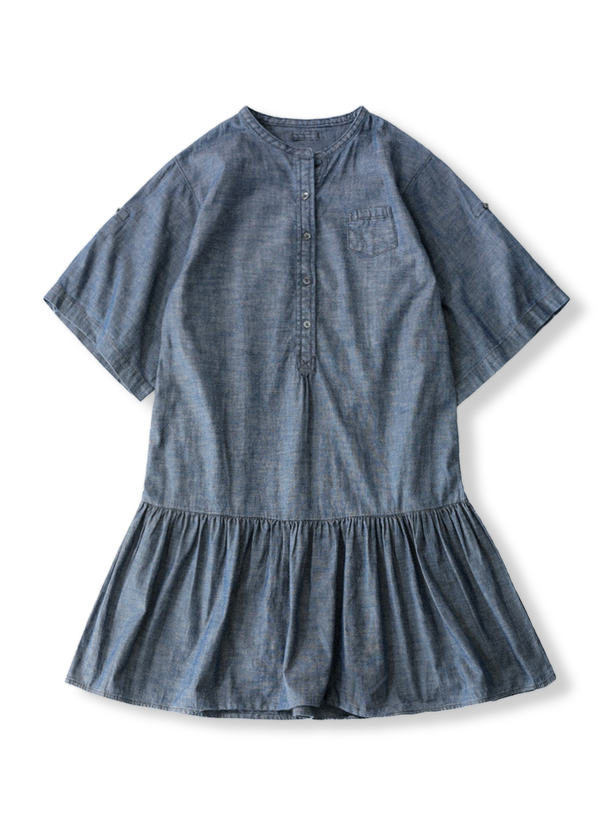 製品画像: フレンチレトロな元気いっぱいのデニムブルー ローウエスト マーメイド ワンピース全体画像