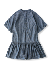 製品画像: フレンチレトロな元気いっぱいのデニムブルー ローウエスト マーメイド ワンピース全体画像