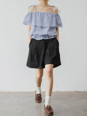 レトロ ブルー&ホワイト ストライプ オフショルダー キャミソール