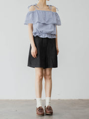 レトロ ブルー&ホワイト ストライプ オフショルダー キャミソール