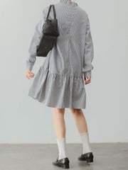 ペタルスタンドカラー ブラック&ホワイト ストライプ ローウエスト マーメイドワンピース