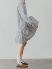 ペタルスタンドカラー ブラック&ホワイト ストライプ ローウエスト マーメイドワンピース