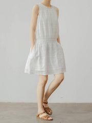 レトロ シャーリング ホワイト コットンタンクドレス