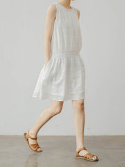 レトロ シャーリング ホワイト コットンタンクドレス