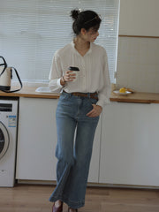 フリルネックランタンスリーブシャツ