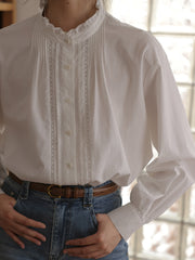 フリルネックランタンスリーブシャツ