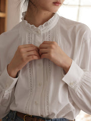 フリルネックランタンスリーブシャツ