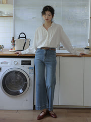 フリルネックランタンスリーブシャツ