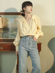 ピーターパンカラー Vネックランタンスリーブシャツ