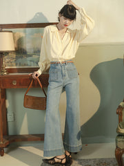 ピーターパンカラー Vネックランタンスリーブシャツ