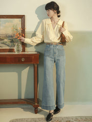 ピーターパンカラー Vネックランタンスリーブシャツ