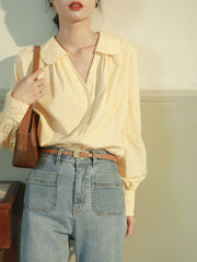 ピーターパンカラー Vネックランタンスリーブシャツ