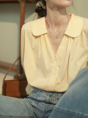 ピーターパンカラー Vネックランタンスリーブシャツ