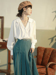 ピーターパンカラー Vネックランタンスリーブシャツ