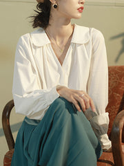 ピーターパンカラー Vネックランタンスリーブシャツ