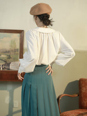 ピーターパンカラー Vネックランタンスリーブシャツ