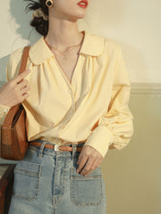 ピーターパンカラー Vネックランタンスリーブシャツ