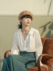 ピーターパンカラー Vネックランタンスリーブシャツ