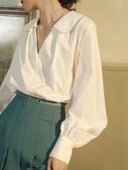 ピーターパンカラー Vネックランタンスリーブシャツ