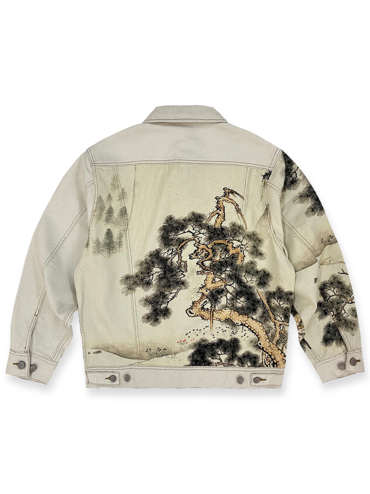 製品画像: 水墨画松柏プリントヴィンテージジャケット全体展示図。東洋美術の水墨画風デザインがジャケット全体に施され、松と柏の自然の美を強調した一着。
詳細画像: ジャケットの金属ボタンと松柏プリントディテールを特写した画像。A+級色堅牢度で、プリントの鮮やかさと耐久性を長期間保つ。