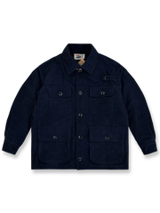 製品画像: フレンチハンティングデザインのコーデュロイ中綿ジャケット全体展示図。ヴィンテージ感あふれるコーデュロイ素材と中綿入りで暖かさを確保した冬用アウター。
詳細画像: コーデュロイ素材の質感と多機能ポケットディテールを特写した画像。ハンティングスタイルを引き立てるディテールと実用性が感じられる。