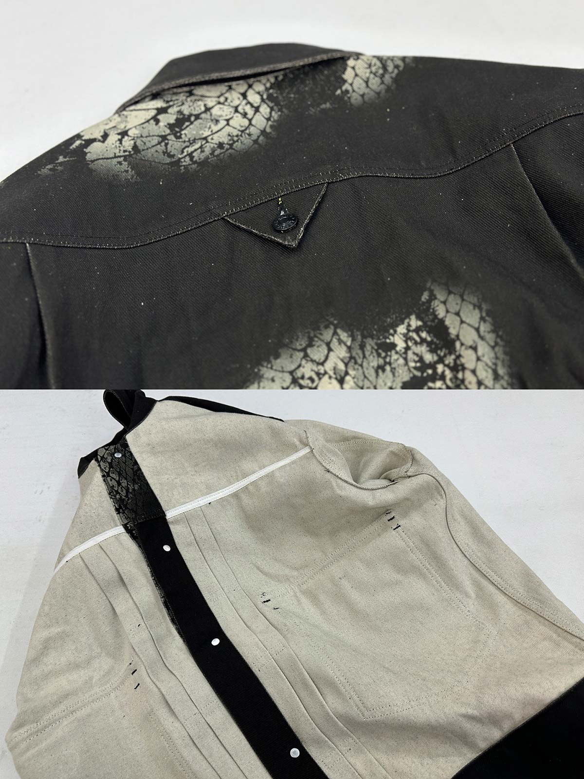 製品画像: 巳年限定の蛇柄プリントデニムジャケット全体展示図。13オンスのデニム素材にヴィンテージ加工を施し、春秋の軽やかなスタイリングにぴったりなデザイン。
詳細画像: 蛇柄プリントと綿の殻による自然な粒感を特写。細部まで丁寧に施されたデザインが印象的。