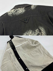 製品画像: 巳年限定の蛇柄プリントデニムジャケット全体展示図。13オンスのデニム素材にヴィンテージ加工を施し、春秋の軽やかなスタイリングにぴったりなデザイン。
詳細画像: 蛇柄プリントと綿の殻による自然な粒感を特写。細部まで丁寧に施されたデザインが印象的。