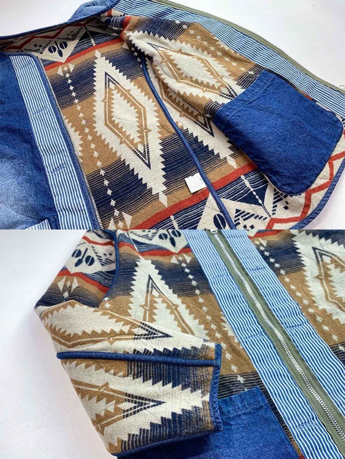 製品画像: ナバホ柄リバーシブルデニム×ウールミックスジャケット全体展示図。民族的なナバホ柄が施されたウールミックス素材とヴィンテージ感溢れるデニムが特徴的。
詳細画像: ナバホ柄のウール素材と100%コットンデニムのリバーシブルデザインディテール特写。両面を楽しめる機能的な美しさ。