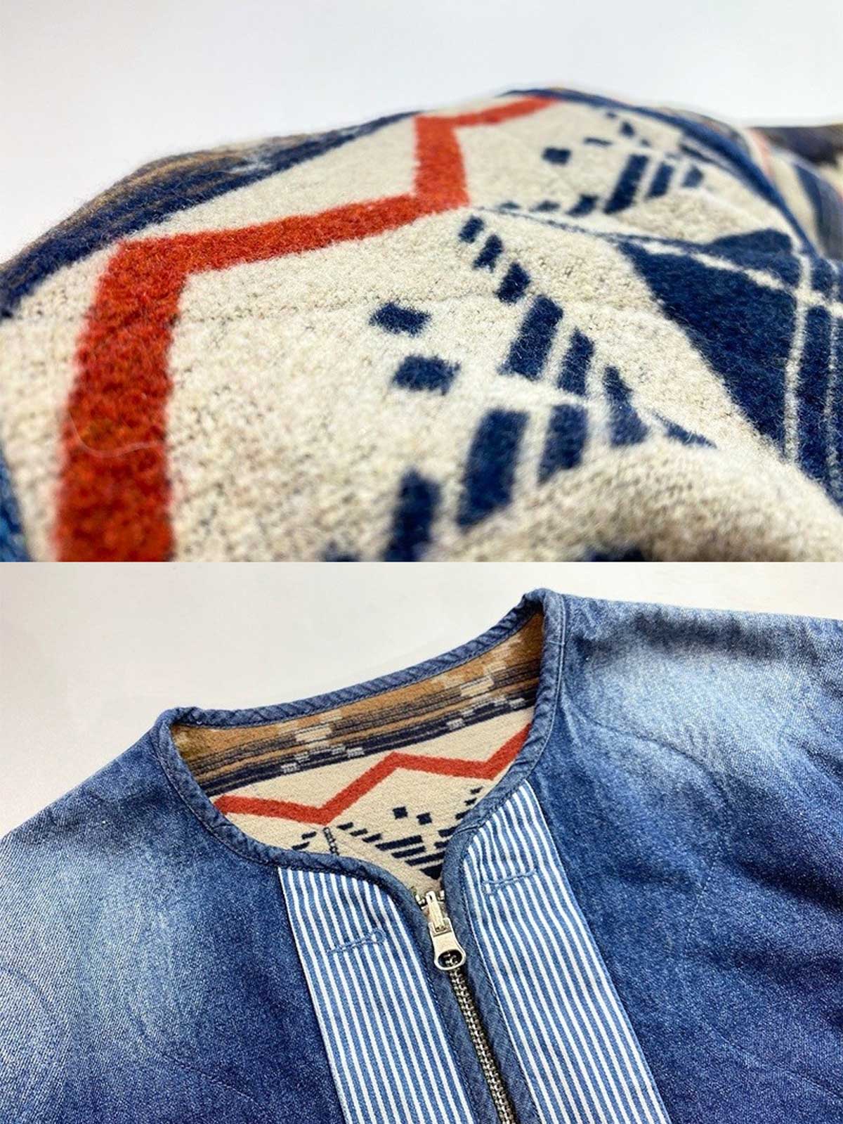 製品画像: ナバホ柄リバーシブルデニム×ウールミックスジャケット全体展示図。民族的なナバホ柄が施されたウールミックス素材とヴィンテージ感溢れるデニムが特徴的。
詳細画像: ナバホ柄のウール素材と100%コットンデニムのリバーシブルデザインディテール特写。両面を楽しめる機能的な美しさ。
