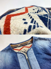 製品画像: ナバホ柄リバーシブルデニム×ウールミックスジャケット全体展示図。民族的なナバホ柄が施されたウールミックス素材とヴィンテージ感溢れるデニムが特徴的。
詳細画像: ナバホ柄のウール素材と100%コットンデニムのリバーシブルデザインディテール特写。両面を楽しめる機能的な美しさ。